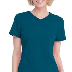 Scrubstar Womens Mock Wrap Top in Deep Slate Size Small V Neck Stretch Pockets